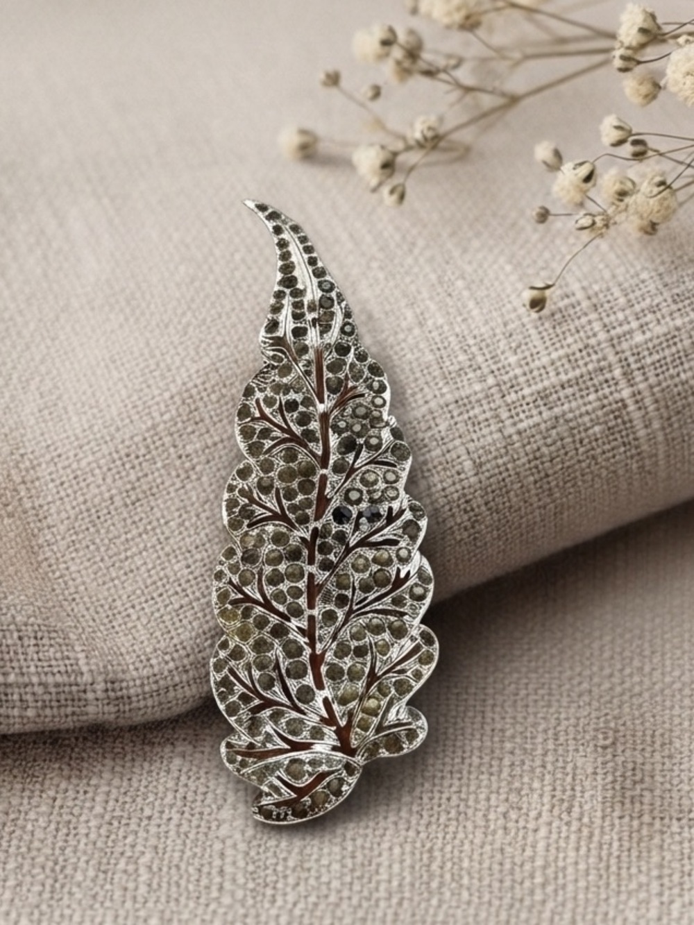 Large Vintage Art Deco Style Leaf Brooch Rhinestone Statement Pin